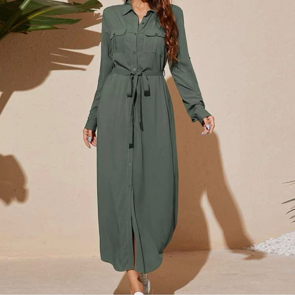 Roll up sleeve flop pocket, belted, maxi dress